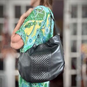Cole Haan Black Leather Hobo Tote Bag Purse with heritage weave EUC